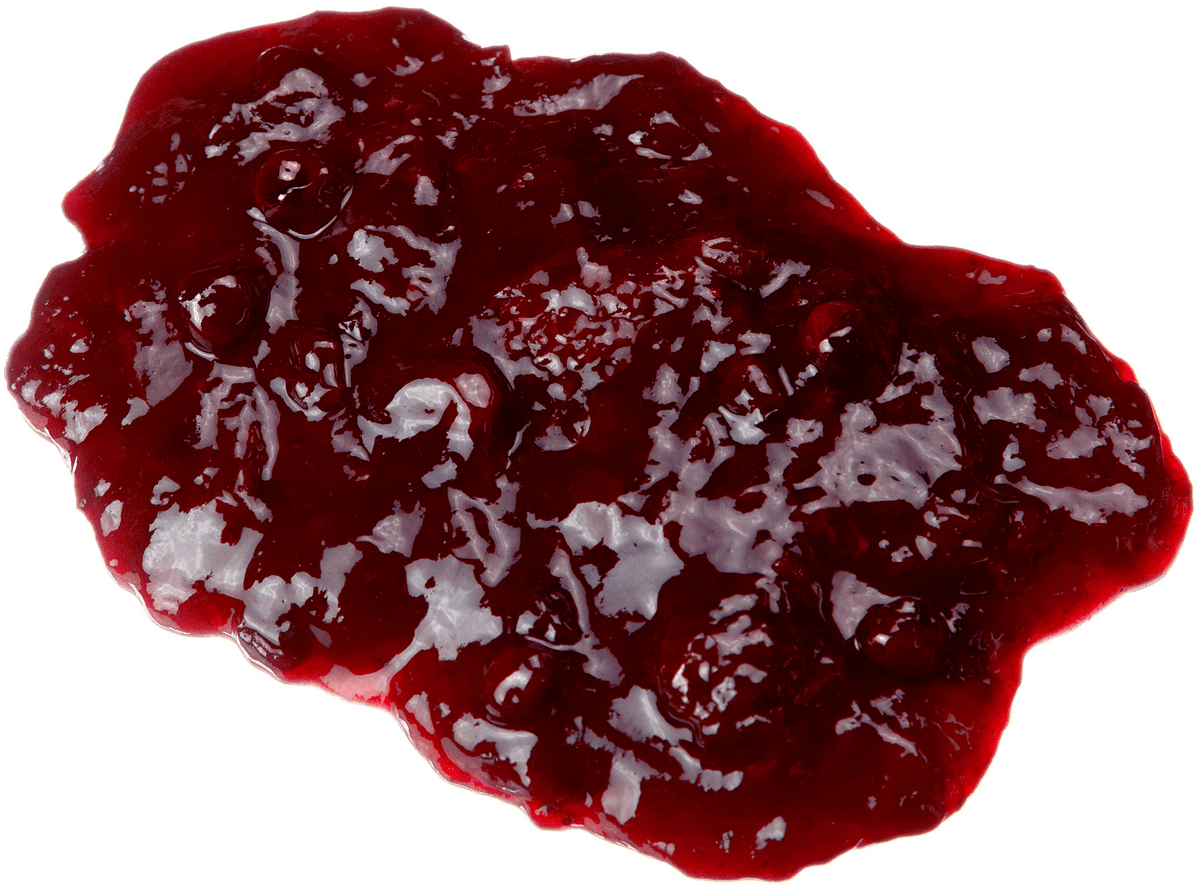 A glossy, chunky deep red berry jam or preserve spread on a plain white background.