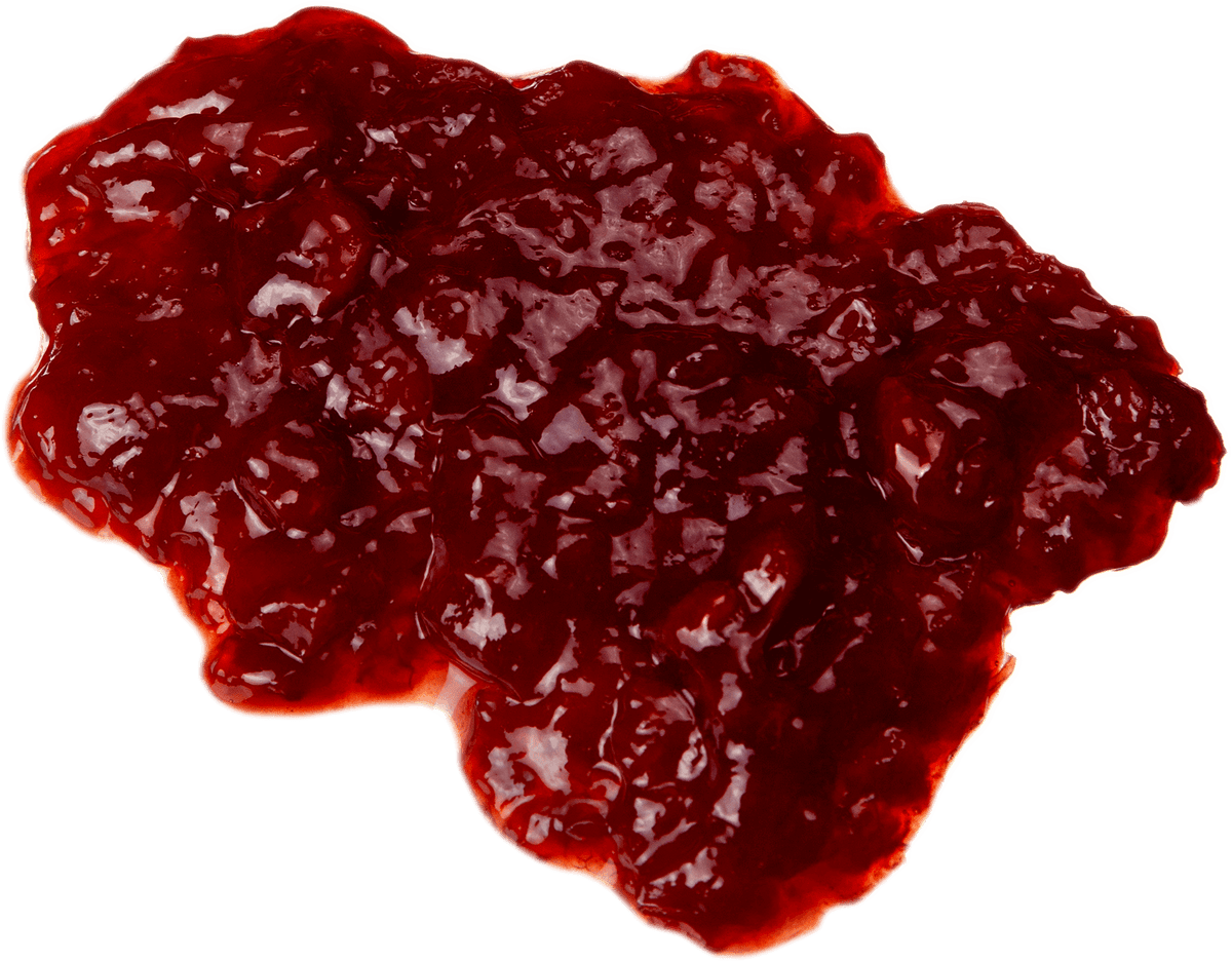 A glossy, deep red, gelatinous mass with a bubbly, textured surface, isolated on a solid black background.