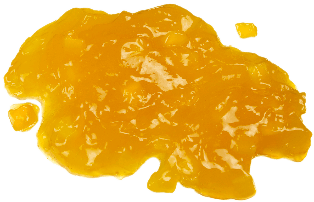 A glossy, translucent yellow-orange gel or slime-like substance with a chunky texture, isolated on a solid black background.