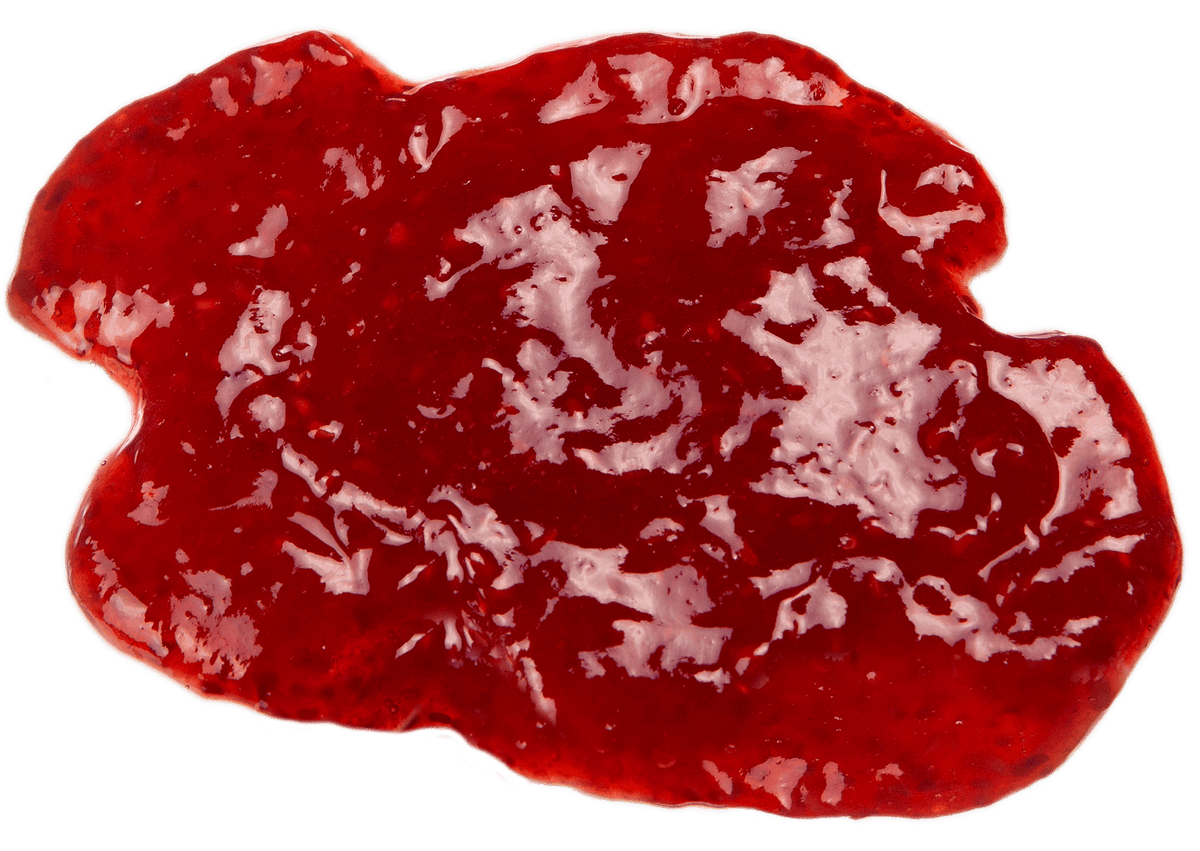 A glossy, deep red jelly or jam spread with white highlights, presented on a solid dark green background.