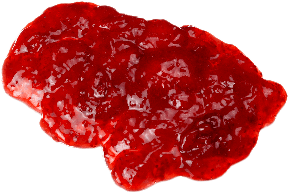 Glossy, translucent red gel-like substance with a lobed, organic shape, isolated on a solid black background.