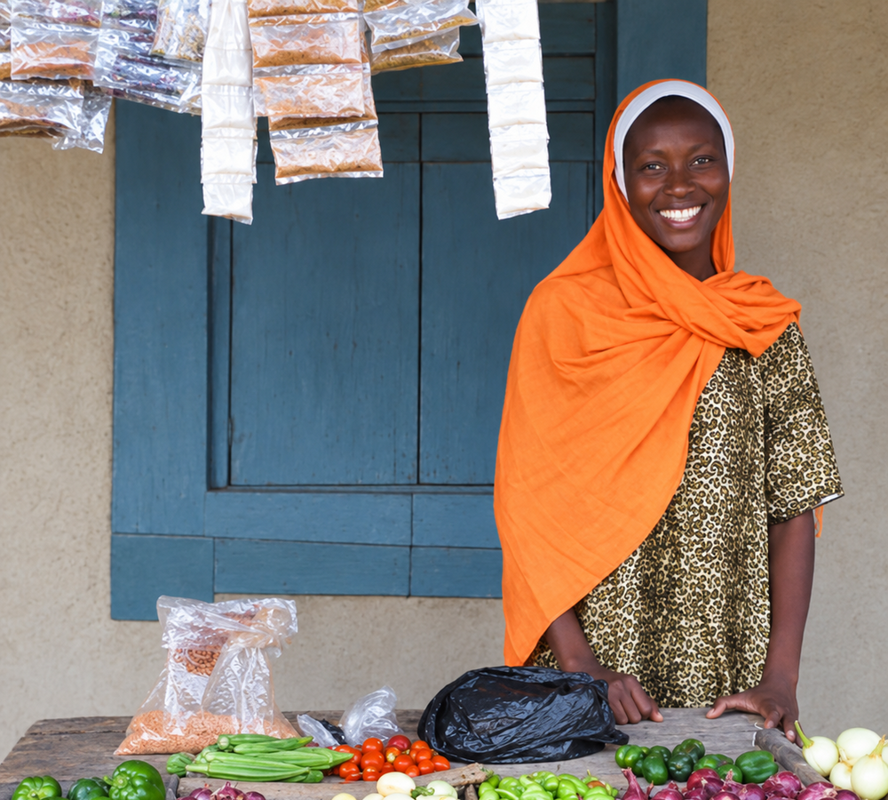 A smiling woman wearing an orange headscarf and a patterned dress stands behind a market stall filled with fresh vegetables, including green avocados in the foreground, peppers, onions, carrots, and tomatoes.
