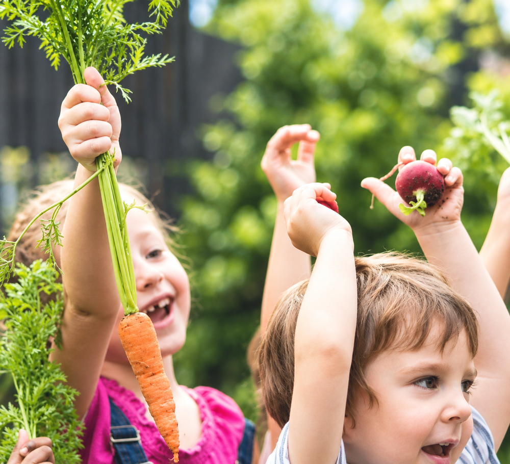 Children outdoors in a garden holding freshly harvested vegetables, including a large orange carrot with green tops and a red radish, with a blurred green background.